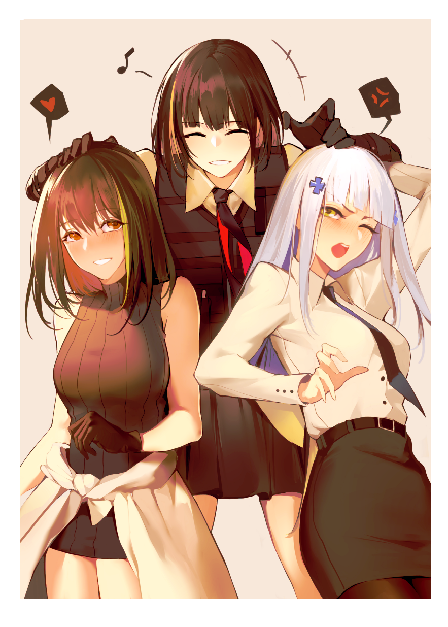 3girls ^_^ anger_vein annoyed bangs bare_shoulders black_gloves black_hair blunt_bangs blush breasts closed_eyes clothes_around_waist commentary girls_frontline gloves green_hair hair_ornament hand_on_another's_head hand_on_head heart highres hk416_(girls_frontline) long_hair long_sleeves m16a1_(girls_frontline) m4a1_(girls_frontline) medium_breasts multicolored_hair multiple_girls musical_note open_mouth petting reroi smile spoken_anger_vein spoken_heart streaked_hair