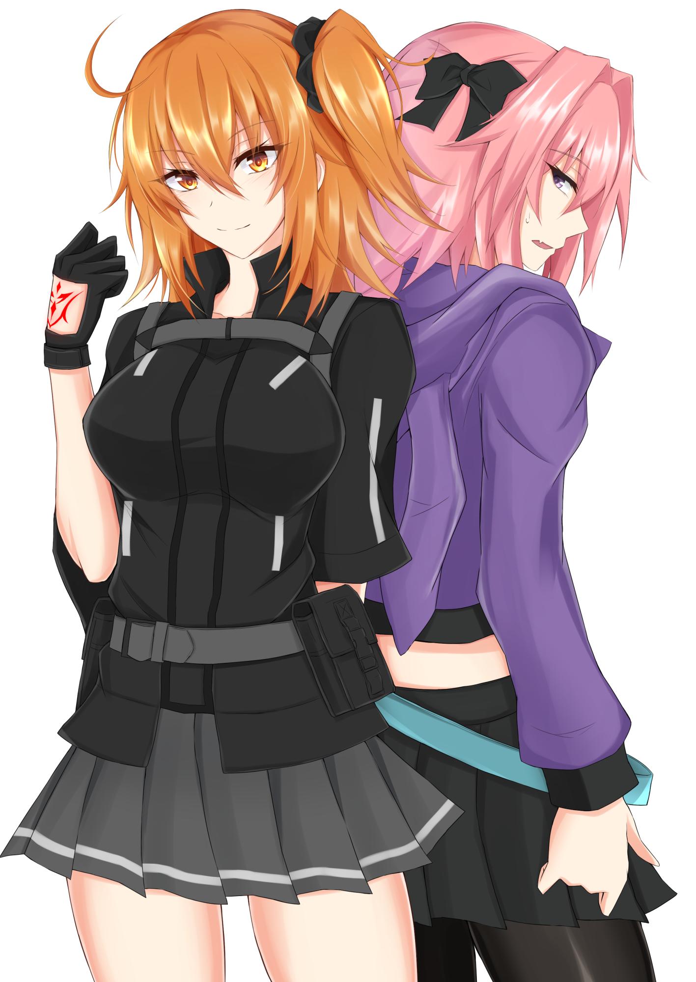 1boy 1girl ahoge astolfo_(fate) back-to-back bangs belt black_bow black_gloves black_legwear black_scrunchie black_shirt black_skirt blue_belt bow breasts clenched_hand command_spell commentary_request cowboy_shot eyebrows_visible_through_hair fang fate/grand_order fate_(series) from_behind fujimaru_ritsuka_(female) gloves grey_belt grey_skirt hair_between_eyes hair_bow hair_intakes hair_ornament hair_scrunchie hand_up highres hood hooded_jacket jacket large_breasts long_hair long_sleeves looking_at_viewer looking_back midriff miniskirt one_side_up open_mouth orange_eyes orange_hair otoko_no_ko pantyhose pink_hair piro_(iiiiiiiiii) pleated_skirt pouch profile purple_jacket scrunchie shirt short_sleeves simple_background skirt smile standing sweat thighs violet_eyes white_background