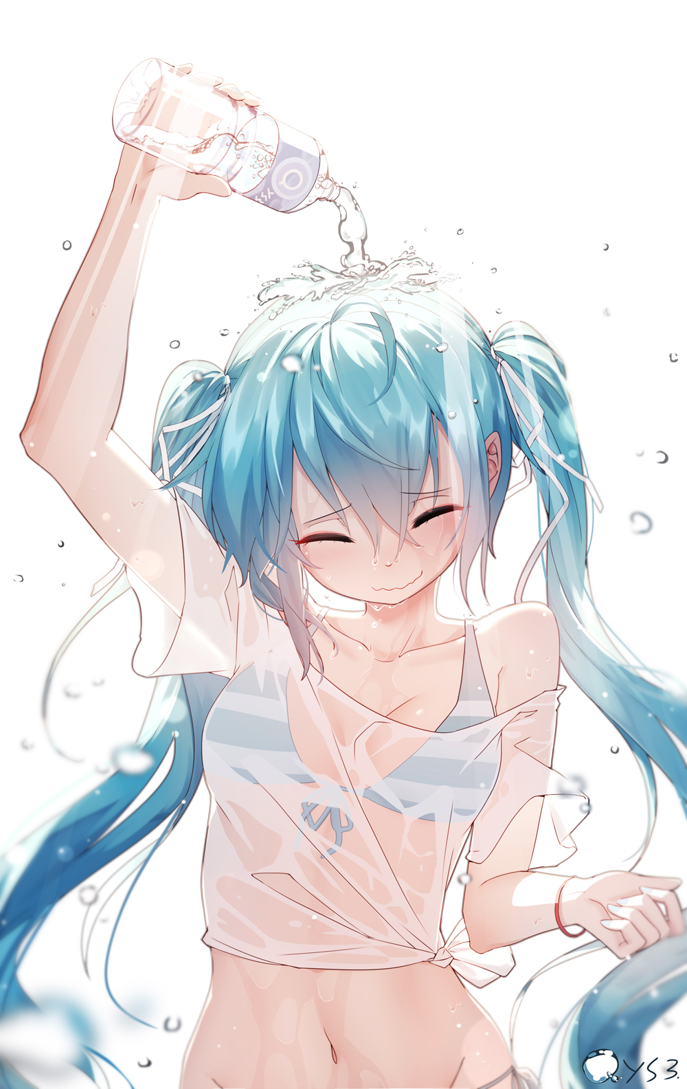 1girl aqua_hair bai_yemeng bare_shoulders bikini bottle bracelet chinese_commentary closed_eyes collarbone commentary_request hand_up hatsune_miku highres holding holding_bottle jewelry light_blush long_hair midriff navel pouring pouring_onto_self see-through shirt smile solo striped_bikini_top swimsuit twintails upper_body very_long_hair vocaloid water_bottle water_drop