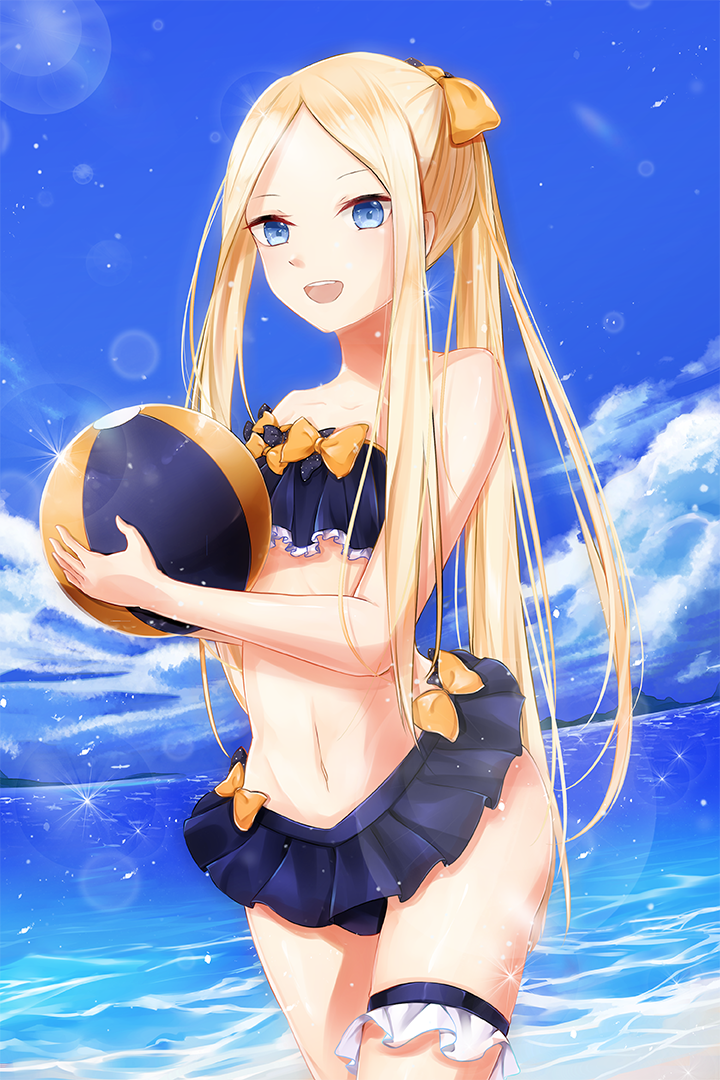 1girl :d abigail_williams_(fate/grand_order) ball bangs bare_arms bare_shoulders beachball bikini_skirt black_bow black_skirt blonde_hair blue_eyes bow collarbone commentary_request day fate/grand_order fate_(series) hair_bow holding long_hair looking_at_viewer navel open_mouth orange_bow outdoors parted_bangs polka_dot polka_dot_bow skirt slime_(user_jpds8754) smile solo swimsuit thigh-highs upper_teeth very_long_hair water