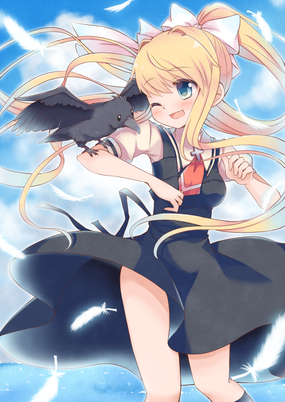 1girl ;d air animal_on_arm bangs bird bird_on_arm black_dress black_legwear blonde_hair blue_eyes blue_sky blush bow breasts clouds cloudy_sky commentary_request cross day dress eyebrows_visible_through_hair feathers flower hair_between_eyes hair_bow hair_intakes high_ponytail highres horizon kamio_misuzu kneehighs long_hair looking_away looking_to_the_side medium_breasts momoniku_(taretare-13) one_eye_closed open_mouth outdoors ponytail puffy_short_sleeves puffy_sleeves red_neckwear shirt short_sleeves sidelocks sky sleeveless sleeveless_dress smile solo very_long_hair water white_feathers white_flower white_shirt