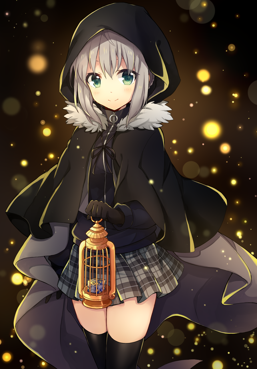 1girl black_background black_coat black_legwear blush closed_mouth coat fate_(series) fur_collar gloves gray_(lord_el-melloi_ii) green_eyes grey_hair highres hood lantern lens_flare light_particles looking_at_viewer lord_el-melloi_ii_case_files pleated_skirt ribbon short_hair skirt standing thigh-highs uniform yimu