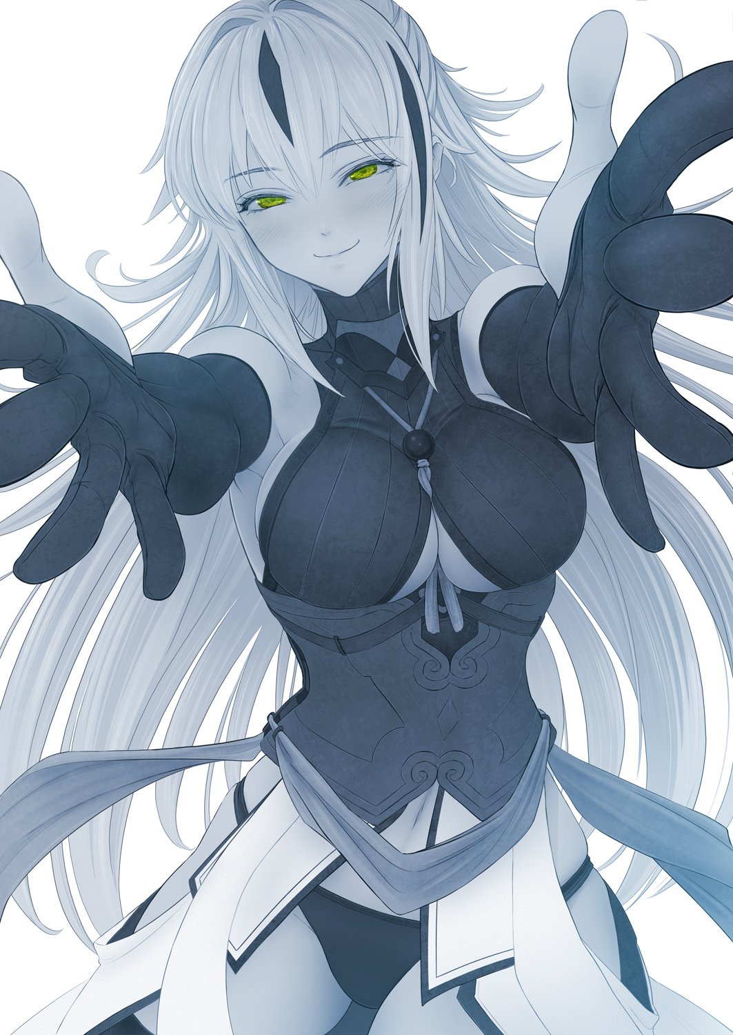 1girl blush breasts cleavage_cutout commentary_request elbow_gloves fate/grand_order fate_(series) foreshortening gloves green_eyes greyscale hair_between_eyes highres imizu_(nitro_unknown) limited_palette long_hair looking_at_viewer monochrome nagao_kagetora_(fate) navel panties pantyshot pantyshot_(standing) partly_fingerless_gloves reaching_out reoutstretched_arms sideboob sleeveless smile solo standing thigh-highs under_boob underwear upper_body work_in_progress