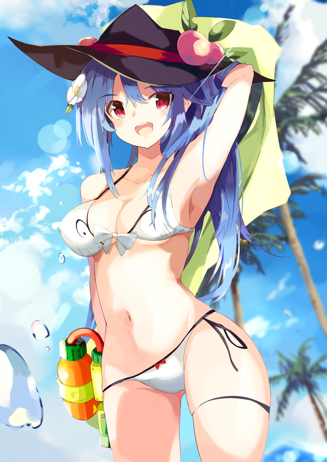 1girl :d arm_up armpits ass_visible_through_thighs bangs bare_arms bare_shoulders bikini black_headwear blue_hair blue_sky blush bow breasts clouds collarbone commentary_request cowboy_shot day eyebrows_visible_through_hair flower food fruit groin hair_between_eyes hair_flower hair_ornament highres hinanawi_tenshi holding holding_water_gun leaf lens_flare looking_at_viewer medium_breasts navel open_mouth outdoors palm_tree peach red_eyes side-tie_bikini sky smile solo standing stomach swimsuit tetsurou_(fe+) thigh_strap thighs touhou towel tree water_drop water_gun white_bikini white_bow white_flower