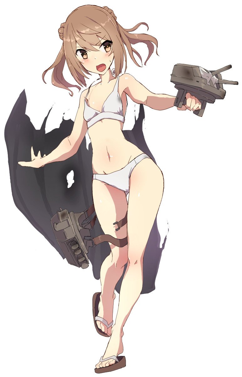 1girl adapted_turret alternate_costume bikini brown_eyes cannon cloth comala_(komma_la) full_body hair_bun highres kantai_collection light_brown_hair looking_to_the_side michishio_(kantai_collection) open_mouth sandals short_twintails simple_background solo standing swimsuit torn_clothes turret twintails white_background white_bikini yellow_eyes