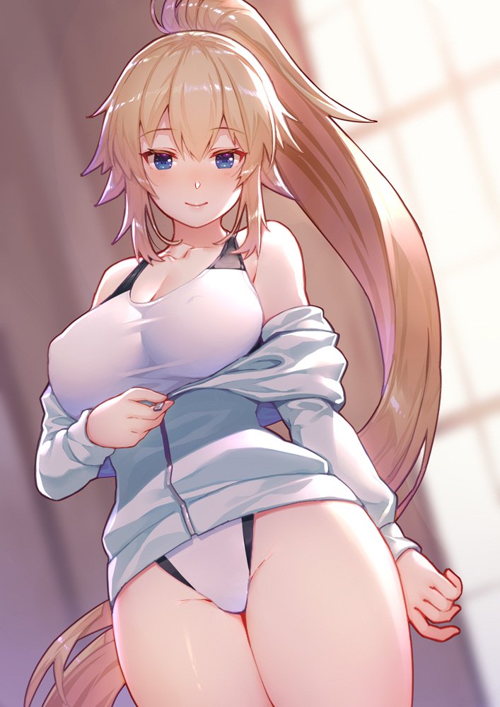 1girl bangs bare_shoulders blonde_hair blue_eyes blurry blurry_background breasts closed_mouth collarbone commentary_request eyebrows_visible_through_hair fate/grand_order fate_(series) indoors jacket jeanne_d'arc_(fate)_(all) jeanne_d'arc_(swimsuit_archer) kibanda_gohan lips long_hair long_sleeves looking_at_viewer medium_breasts off_shoulder one-piece_swimsuit shiny shiny_hair shiny_skin smile solo swimsuit thighs track_jacket zipper zipper_pull_tab