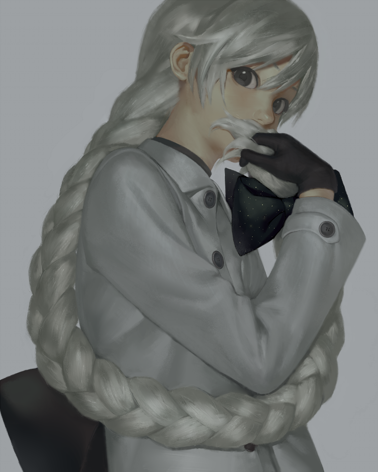 1girl bow braid coat commentary_request gloves grey_eyes hair_ribbon long_hair looking_at_viewer mi8pq ribbon sekka_yufu silver_hair simple_background single_braid solo utau