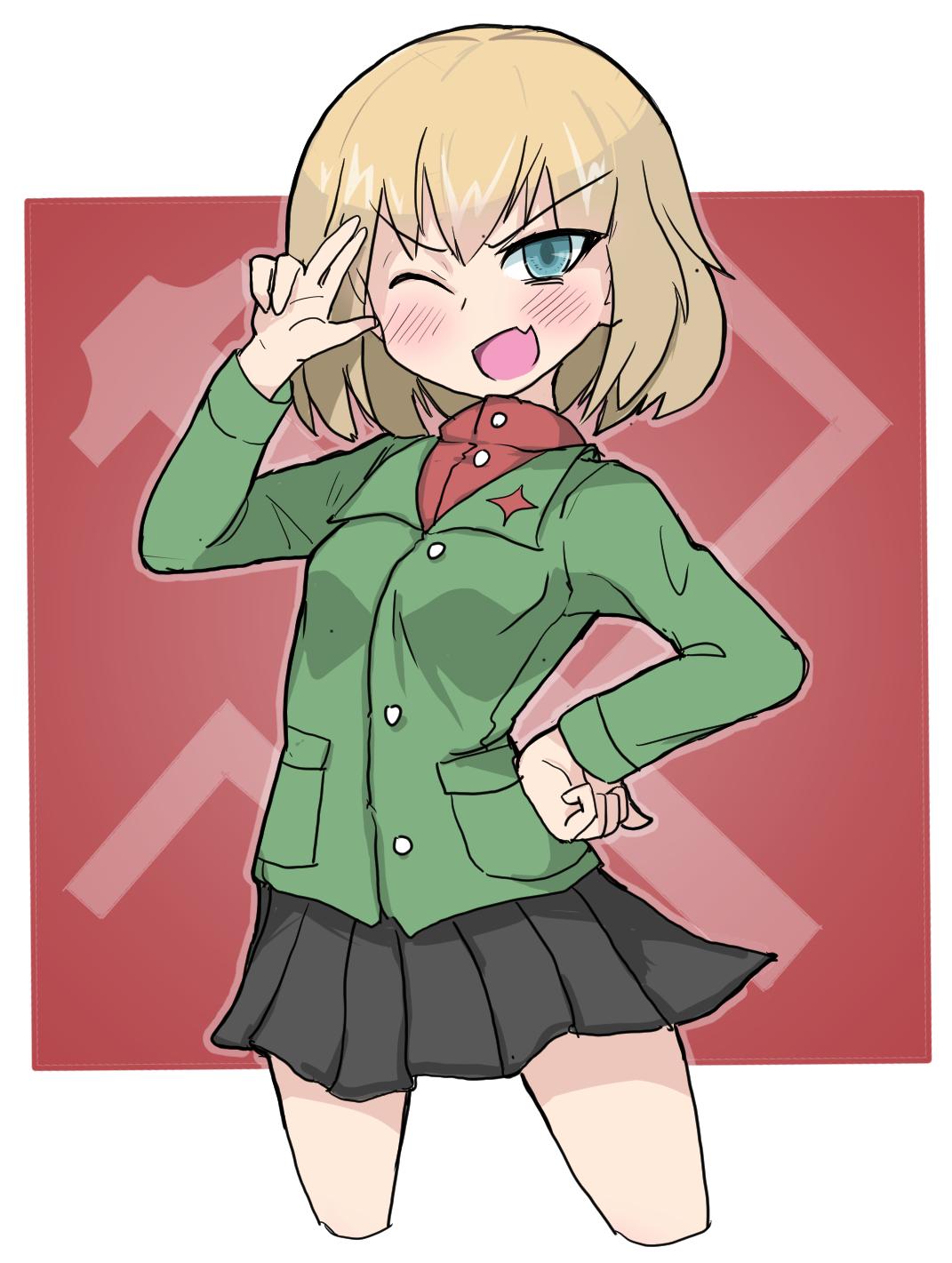 1girl ;d bangs black_skirt blonde_hair blue_eyes blush cowboy_shot cropped_legs emblem fang girls_und_panzer green_jacket hand_on_hip highres insignia jacket katyusha long_sleeves looking_at_viewer miniskirt one_eye_closed open_mouth pleated_skirt pravda_(emblem) pravda_school_uniform red_shirt salute school_uniform shirt short_hair skin_fang skirt smile solo standing turtleneck two-finger_salute v-shaped_eyebrows white_stew