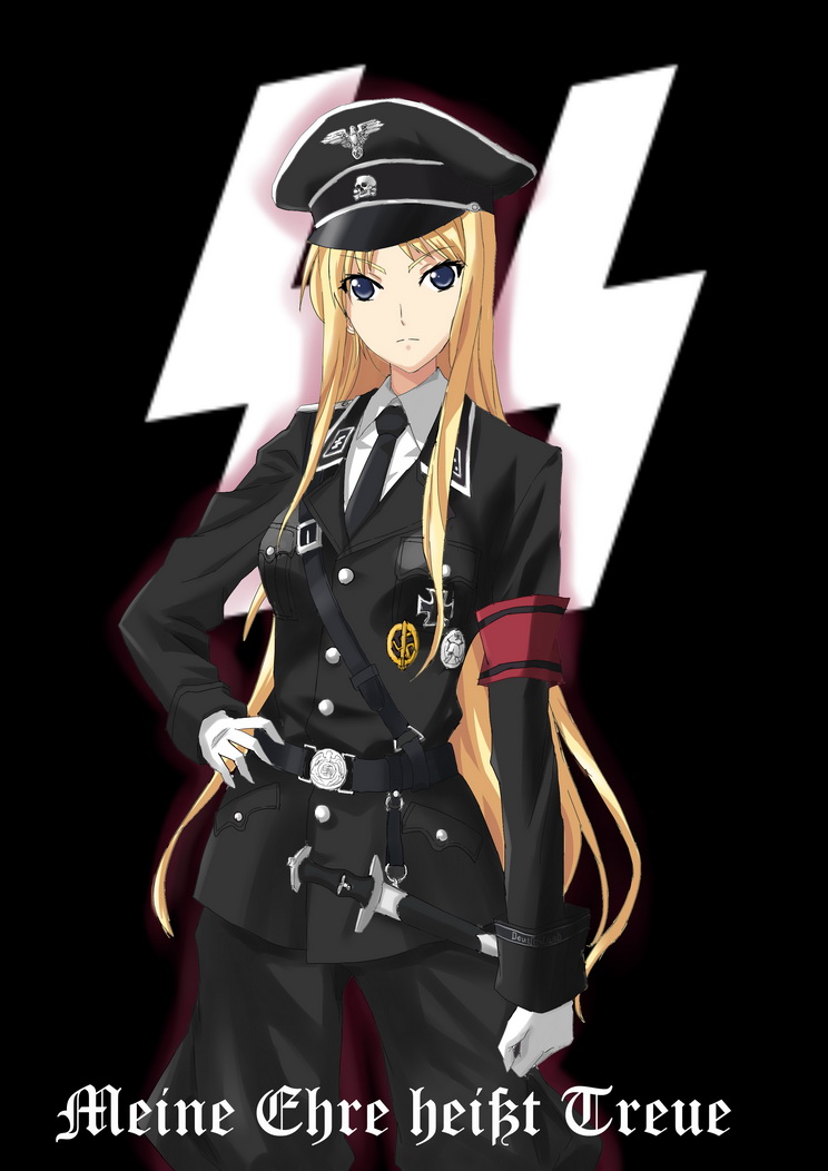 1girl armband baldr_sky belt belt_buckle black_background black_pants blonde_hair blue_eyes breast_pocket breasts buckle buttons commentary_request cowboy_shot dagger eyebrows_visible_through_hair faintxp german_text gloves hand_on_hip hat iron_cross kirishima_rain long_hair looking_at_viewer medium_breasts military military_hat military_uniform nazi necktie pants peaked_cap pocket red_armband sam_browne_belt shirt silver_trim skull_and_crossbones solo ss_insignia straight_hair totenkopf uniform weapon white_gloves white_shirt