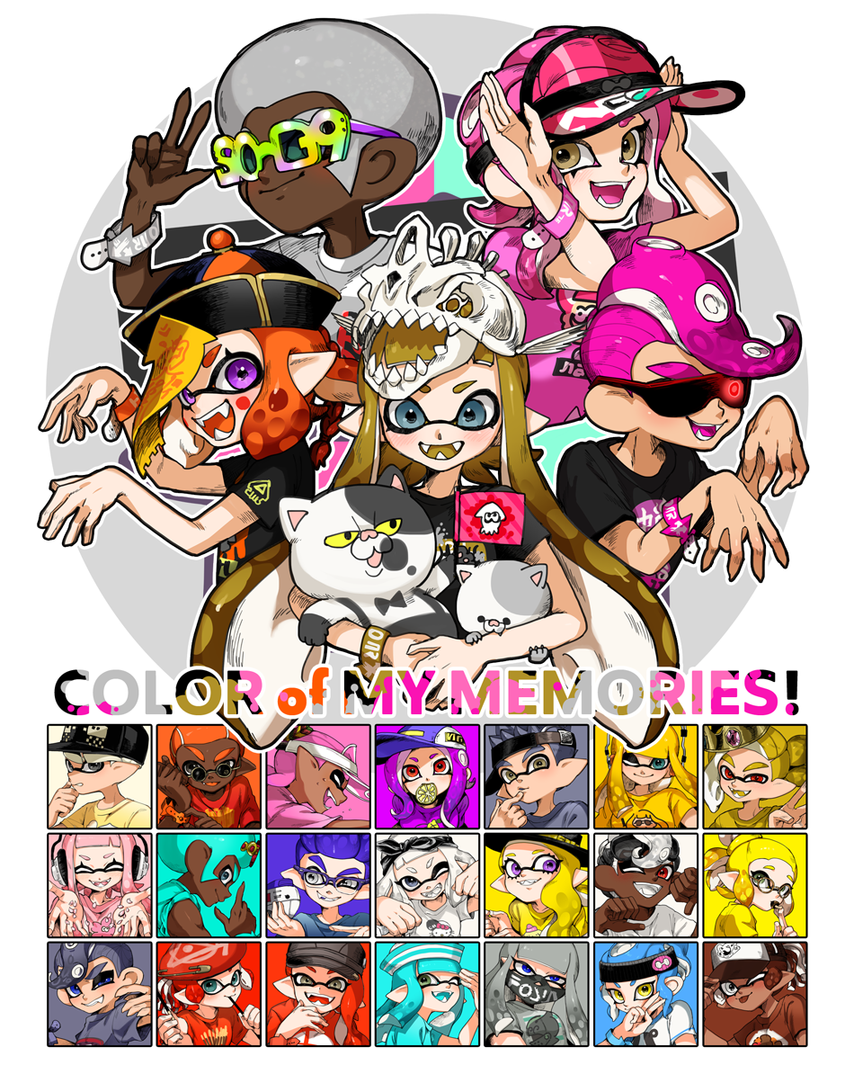 afro animal autobomb_(splatoon) baseball_cap bracelet cat crown dark_skin english_text fancy_glasses fish_bone flag food glowing glowing_eye hat headband headphones highres holding holding_animal inkling jajji-kun_(splatoon) jewelry jiangshi_costume kojajji-kun_(splatoon) mask mouth_hold octoling one_eye_closed outstretched_arms pocky pointy_ears sailor_hat smile splatoon_(series) sunglasses tentacle_hair visor_cap yeneny zombie_pose