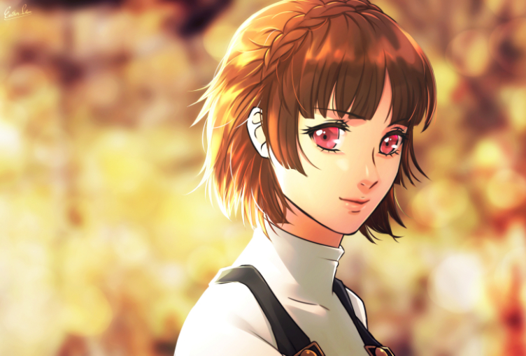 1girl atlus bangs blurry blurry_background braid brown_hair closed_mouth crown_braid esther eyebrows_visible_through_hair looking_at_viewer megami_tensei niijima_makoto persona persona_5 portrait red_eyes short_hair smile solo turtleneck
