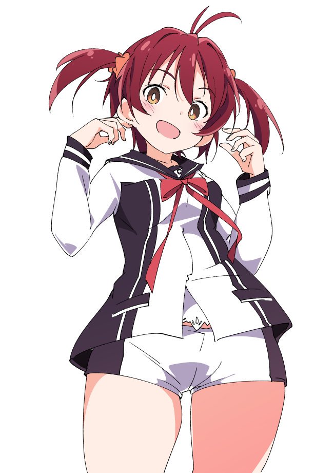 1girl :d ascii_media_works black_legwear blush brown_eyes hair_ornament hair_scrunchie isshiki_akane ixy looking_at_viewer moe national_shin_ooshima_school_uniform open_mouth red_neckwear redhead ribbon school_uniform scrunchie short_hair short_shorts shorts simple_background smile solo thighs twintails vividred_operation white_background
