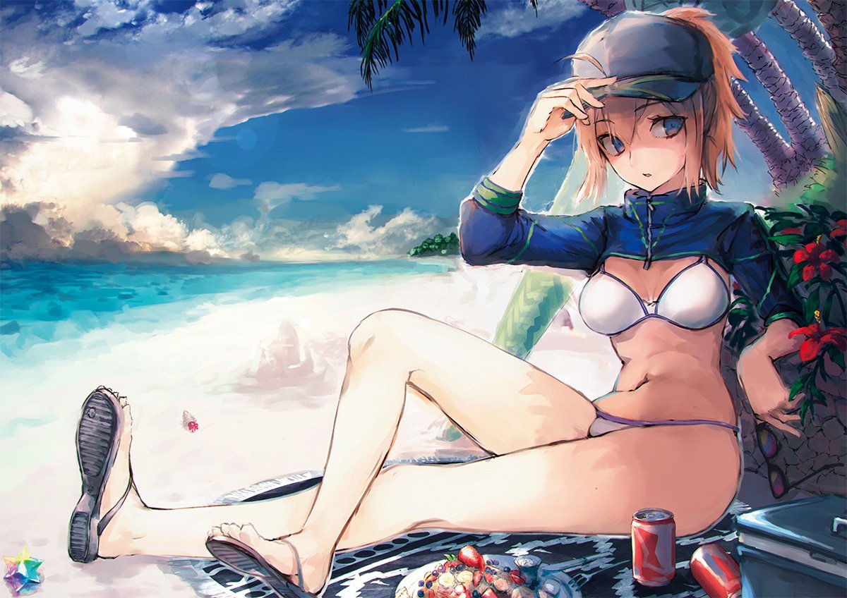 1girl ahoge artoria_pendragon_(all) baseball_cap beach beach_mat bikini blonde_hair blue_eyes blue_headwear blue_jacket breasts can clouds cloudy_sky commentary_request cropped_jacket day fate/grand_order fate_(series) flower food hair_between_eyes hat hibiscus holding holding_eyewear jacket medium_breasts mysterious_heroine_xx_(foreigner) navel ocean outdoors palm_tree ponytail rean_(r_ean) sandals shrug_(clothing) sky soda_can solo swimsuit tree white_bikini wristband zipper_pull_tab