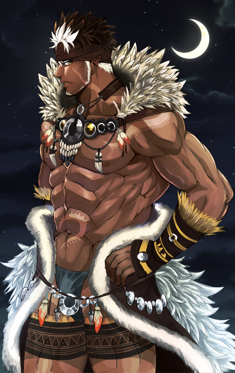 1boy abs bara brown_hair crescent_moon dark_skin dark_skinned_male facial_hair fur_trim hands_on_hips headband highres izukonohito jewelry male_focus moon muscle navel necklace night night_sky nipples pointy_ears sky spiky_hair standing tangaroa tattoo tokyo_houkago_summoners white_hair yellow_eyes