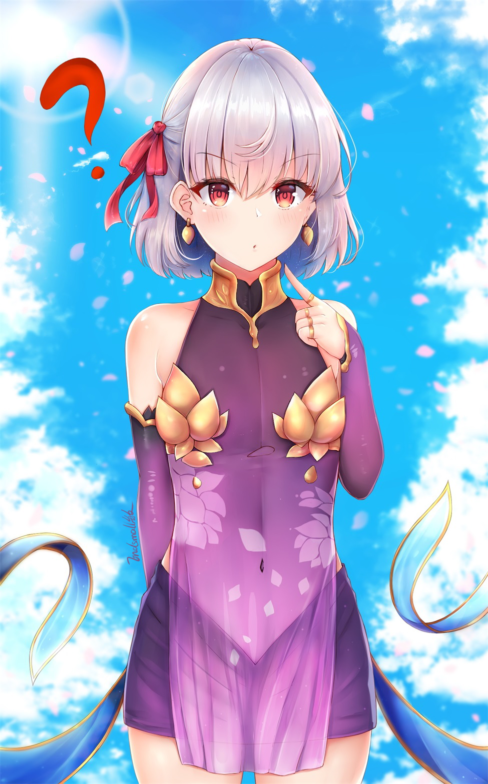 1girl ? bangs bare_shoulders blue_sky blush closed_mouth clouds cloudy_sky collarbone commentary_request covered_collarbone covered_navel cowboy_shot day detached_sleeves dress earrings endsmall_min eyebrows_visible_through_hair fate/grand_order fate_(series) hair_between_eyes hair_ribbon hand_up highres jewelry kama_(fate/grand_order) long_sleeves looking_at_viewer navel outdoors pointing pointing_at_self purple_dress purple_skirt purple_sleeves red_eyes red_ribbon ribbon see-through signature silver_hair skirt sky sleeveless sleeveless_dress sleeves_past_wrists solo standing sunlight