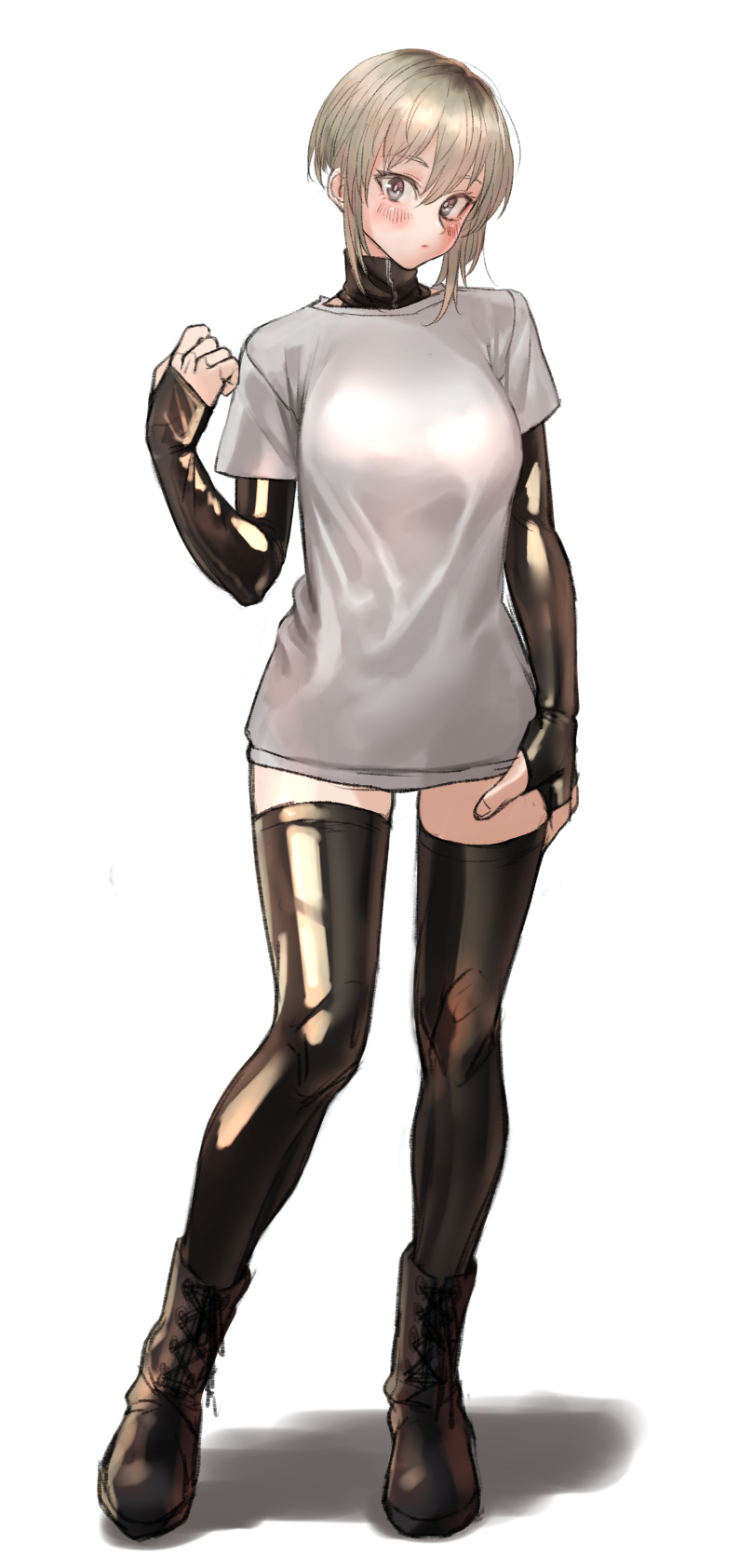 1girl bangs black_footwear black_legwear blonde_hair blush boots breasts elbow_gloves full_body gloves hand_on_own_thigh hand_up highres kilye_4421 large_breasts leather looking_at_viewer original shadow shiny shirt short_hair simple_background solo standing t-shirt thigh-highs white_background white_shirt