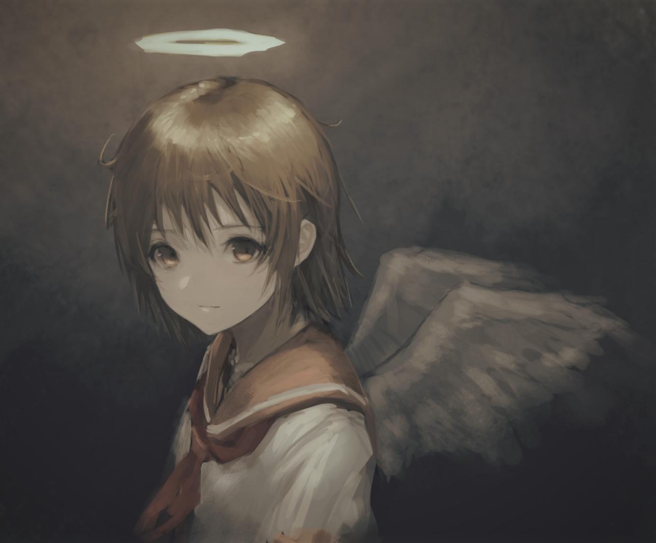 1girl angel_wings bangs brown_eyes brown_hair closed_mouth dark_background haibane_renmei halo hara_shoutarou looking_at_viewer messy_hair neckerchief orange_sailor_collar rakka sailor_collar school_uniform serafuku short_hair solo upper_body wings