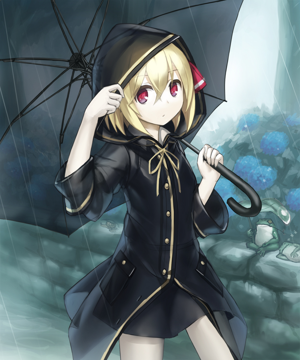 1girl black_skirt blonde_hair commentary_request frog hair_ribbon highres hood hood_up hooded_coat leaf_umbrella long_sleeves rain raincoat red_eyes ribbon rumia short_hair skirt spark621 touhou umbrella