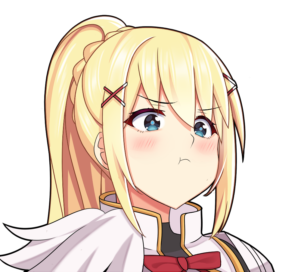 1girl :t blonde_hair blue_eyes blush breasts darkness_(konosuba) hair_ornament kono_subarashii_sekai_ni_shukufuku_wo! large_breasts long_hair looking_at_viewer ponytail pout r3d solo x_hair_ornament