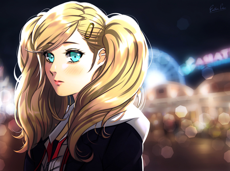 1girl atlus bangs blonde_hair blue_eyes blurry blurry_background blush cardigan esther hair_ornament hairclip hood hood_down hooded_cardigan lips long_hair looking_at_viewer megami_tensei night open_cardigan open_clothes outdoors persona persona_5 solo swept_bangs takamaki_anne upper_body