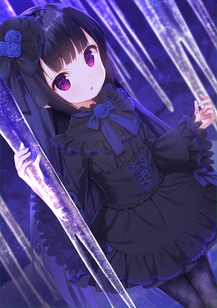 1girl :o bangs black_dress black_hair black_legwear blue_bow blue_flower blue_rose bow chitosezaka_suzu commentary copyright_request dress dutch_angle eyebrows_visible_through_hair flower hand_up long_hair long_sleeves looking_at_viewer pantyhose parted_lips rose sidelocks sleeves_past_wrists solo standing very_long_hair violet_eyes wide_sleeves