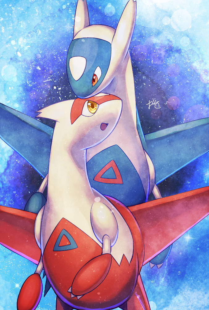 :d gen_3_pokemon latias latios lens_flare no_humans ooki1089 open_mouth pokemon pokemon_(creature) red_eyes signature smile yellow_eyes