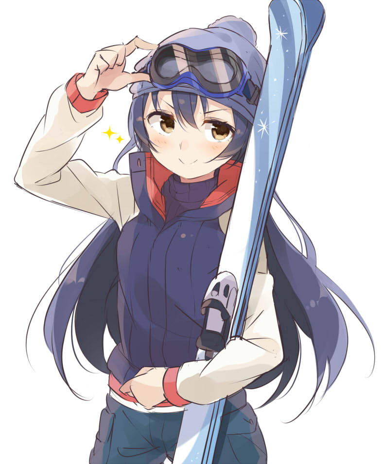 1girl bangs blue_hair blush commentary_request glasses goggles hair_between_eyes hand_on_eyewear hat long_hair looking_at_viewer love_live! love_live!_school_idol_festival love_live!_school_idol_project simple_background ski_gear ski_goggles skis smile solo sonoda_umi totoki86 white_background yellow_eyes