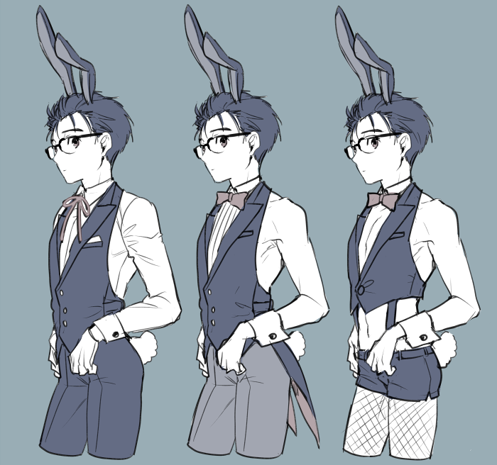 1boy animal_ears black_hair bow bowtie brown_eyes bunny_boy bunny_tail collared_shirt cropped_legs extra_ears fishnets glasses hair_slicked_back katsuki_yuuri kuroemon male_focus rabbit_ears shirt shorts tail tailcoat waistcoat wrist_cuffs yuri!!!_on_ice