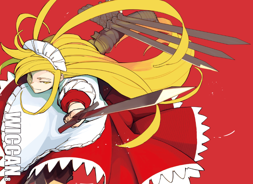 1girl apron blonde_hair commentary_request daitai_konna_kanji holding holding_sword holding_weapon long_hair looking_at_viewer maid maid_headdress puffy_short_sleeves puffy_sleeves red_background sample short_sleeves sword touhou touhou_(pc-98) very_long_hair weapon white_apron white_headwear yellow_eyes yumeko