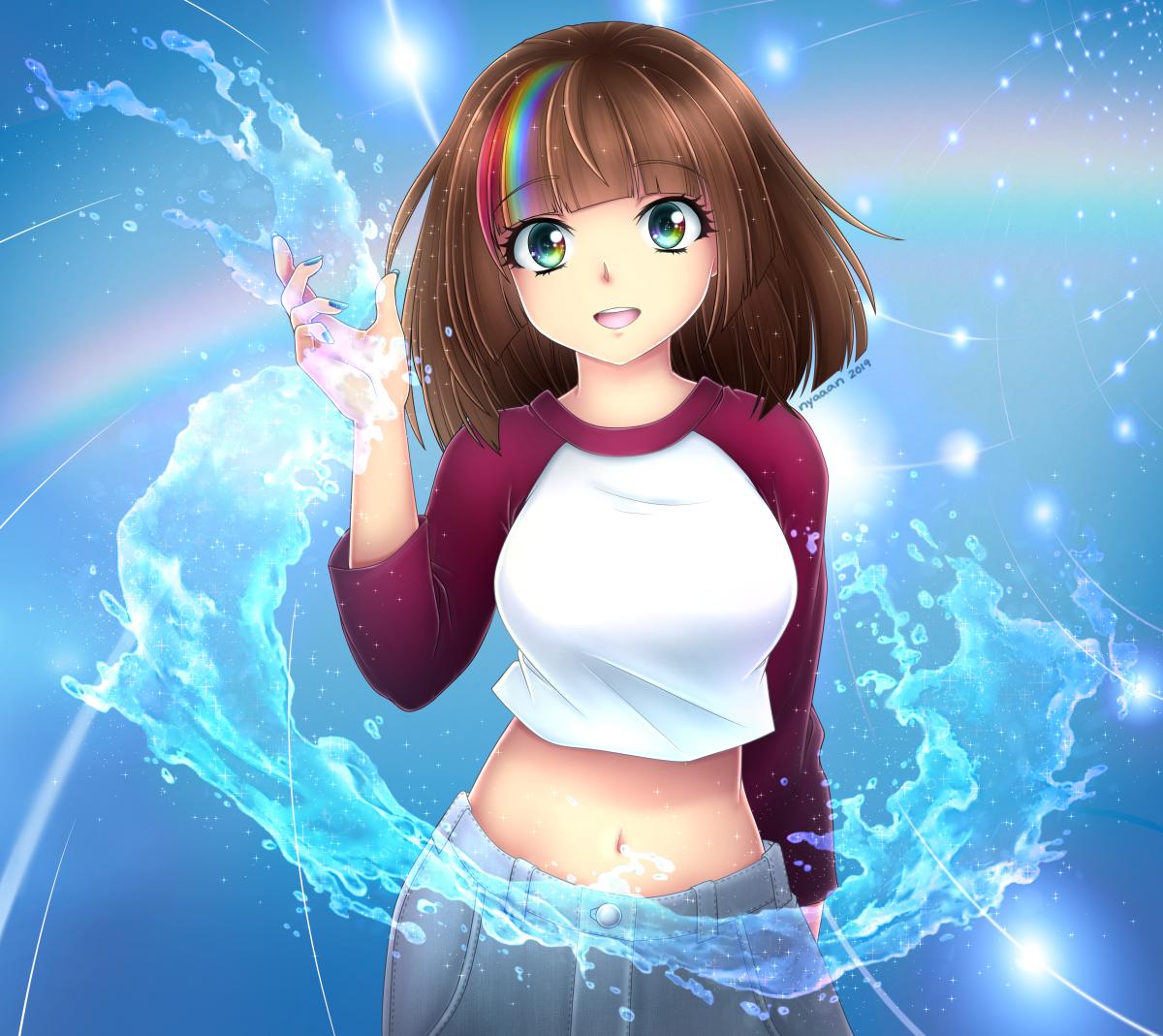 1girl abstract_background arm_behind_back arm_up bangs blue_background breasts brown_hair crop_top denim eyebrows_visible_through_hair hime_cut looking_at_viewer magic magical_girl medium_breasts midriff multicolored multicolored_eyes multicolored_hair nail_polish navel nyaaan open_mouth original raglan_sleeves rainbow rainbow_background rainbow_eyes rainbow_hair shirt signature simple_background sleeves_past_elbows smile solo stomach tagme water water_drop water_manipulation