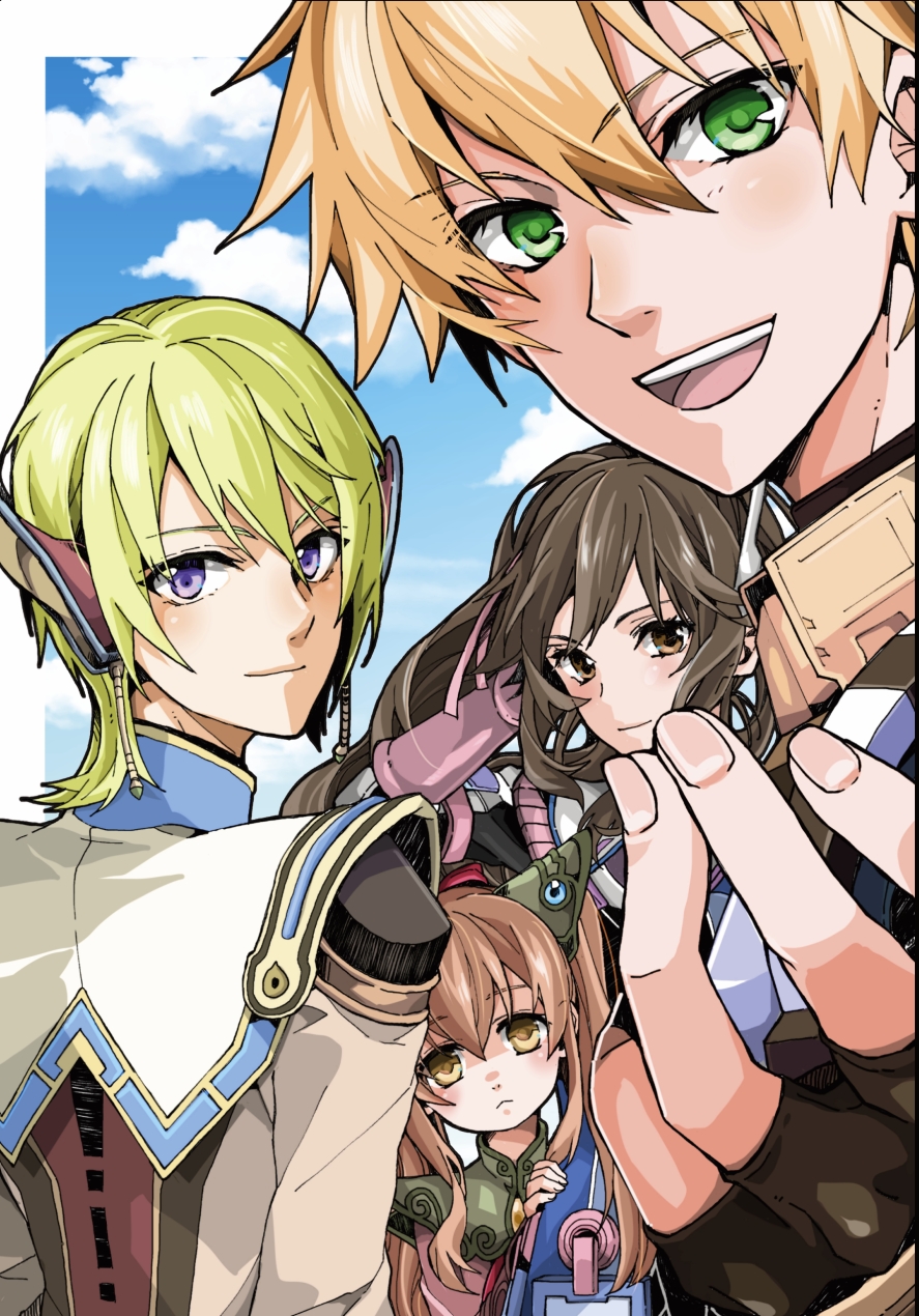 armor brown_eyes brown_hair closed_mouth clouds coma_(macaron) dress ear_covers edge_maverick faize_scheifa_beleth gloves green_eyes green_hair highres long_hair looking_at_viewer lymle_lemuri_phi multiple_boys multiple_girls open_mouth pointy_ears saionji_reimi smile star_ocean star_ocean_the_last_hope twintails violet_eyes