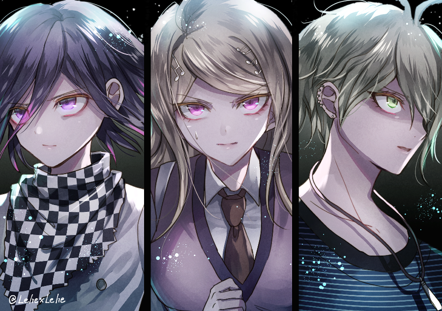 1girl 2boys ahoge akamatsu_kaede amami_rantarou antenna_hair artist_name black_hair blonde_hair breasts checkered checkered_scarf collarbone commentary_request dangan_ronpa ear_piercing earrings eyebrows_visible_through_hair from_side green_eyes green_hair hair_ornament jewelry large_breasts long_hair looking_at_viewer multiple_boys musical_note_hair_ornament necklace new_dangan_ronpa_v3 orange_neckwear ouma_kokichi piercing pink_eyes scarf short_hair striped striped_sweater sweater violet_eyes z-epto_(chat-noir86)