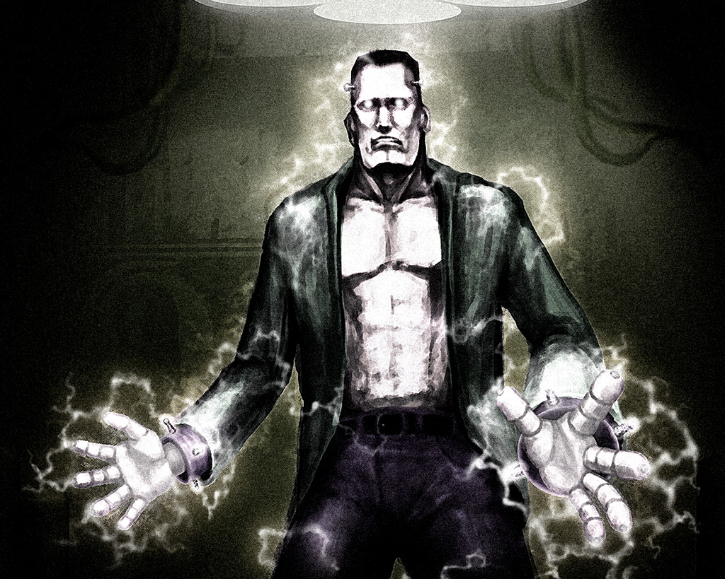 abs akumajo_dracula black_hair bolts castlevania castlevania:_portrait_of_ruin dark electricity frankenstein frankenstein's_monster frankenstein's_monster hands ko-g male monster muscle official_art open_clothes open_shirt shirt shirtless short_hair solo standing the_creature white_skin