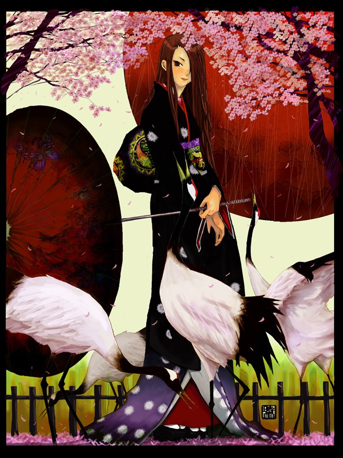 bird birds blush border brown_hair cherry_blossoms crane hair_over_one_eye japanese_clothes kimono long_hair oriental_umbrella original petals shigureteki standing umbrella