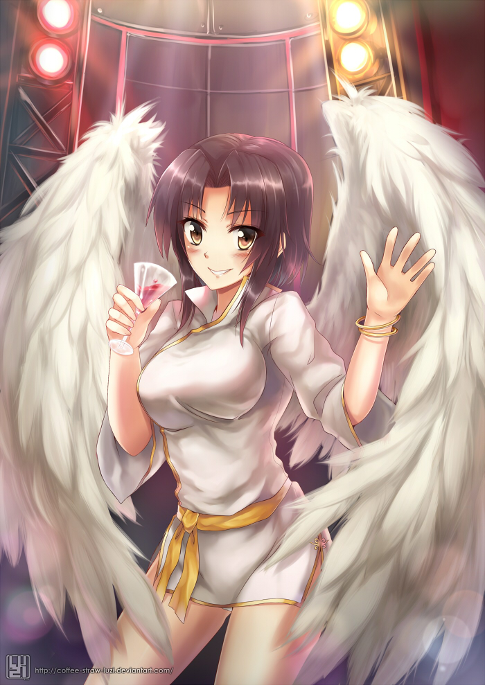 1girl angel_wings bad_id belt black_hair blush borrowed_character bracelet breasts brown_eyes cup dress drinking_glass jewelry looking_at_viewer luzi original short_hair sidelocks smile solo stage_lights white_dress white_wings wine_glass wings