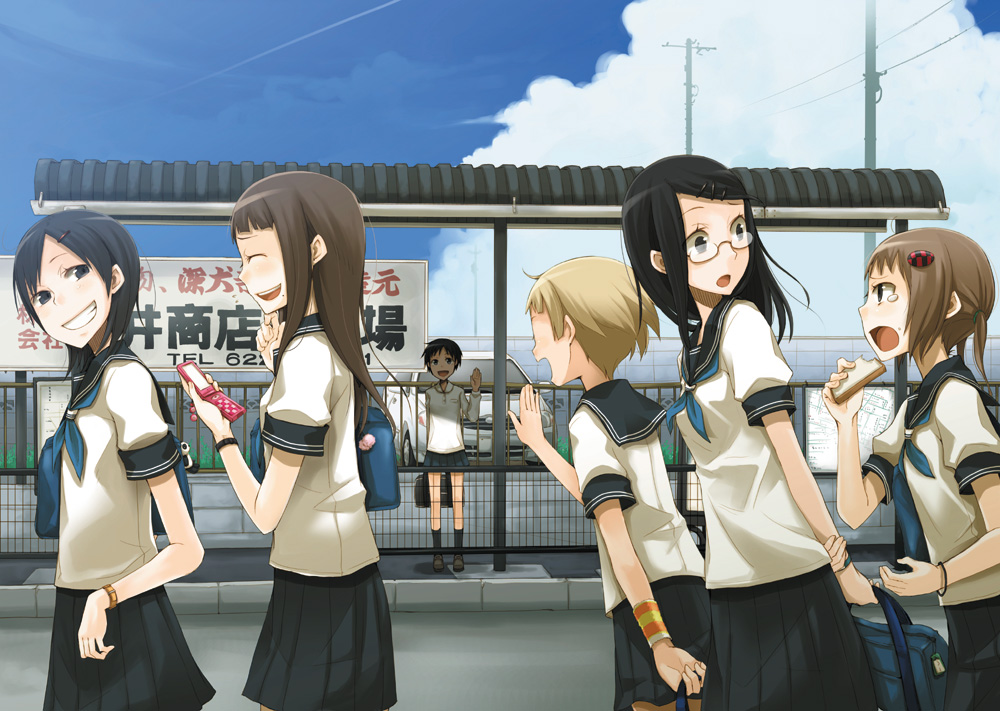 ayakura_juu bag black_hair blonde_hair bread brown_hair bus_stop cellphone closed_eyes eating flat_chest food girl glasses grin hair_ornament hairclip juu long_hair multiple_girls phone school_uniform schoolgirl short_hair smile tears wave waving wristband