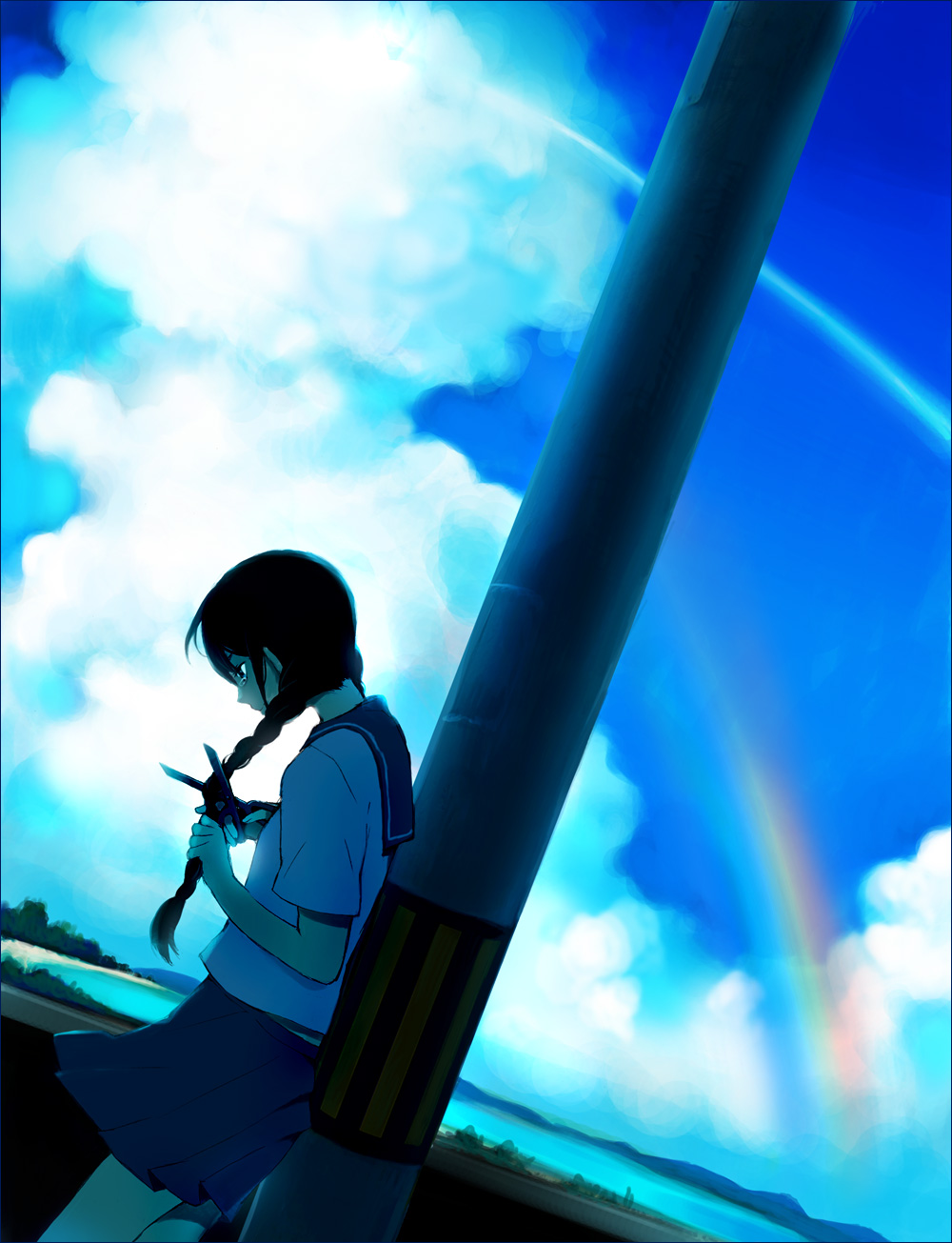 black_hair blue braid cutting_hair heartbreak_haircut highres original rainbow school_uniform scissors seifuku serafuku sky tears wakana_(artist)