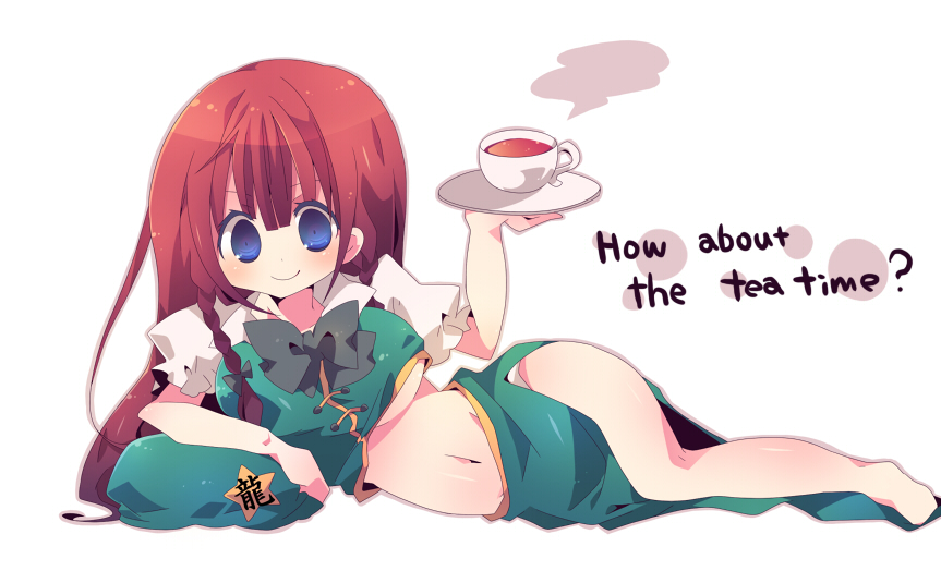 ana_(artist) arm_support bare_shoulders blue_eyes bowtie braid breasts colored_eyelashes cup engrish eyelashes hat hat_removed headwear_removed hong_meiling large_breasts looking_at_viewer lying midriff navel on_side ranguage red_hair side_slit simple_background smile tea teacup touhou tray twin_braids underboob