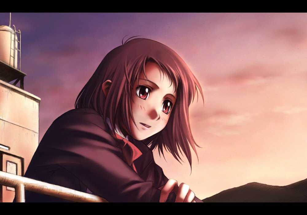 nyaou red_eyes red_hair redhead rooftop short_hair sunset tukisima