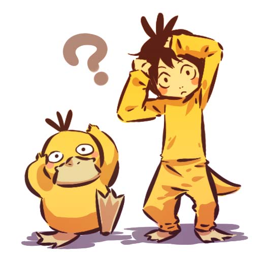 1boy ? black_hair blush_stickers costume duck hands_on_head hitec moemon nostrils personification pokemon pokemon_(creature) pokemon_(game) pokemon_rgby psyduck shadow simple_background standing stare tail