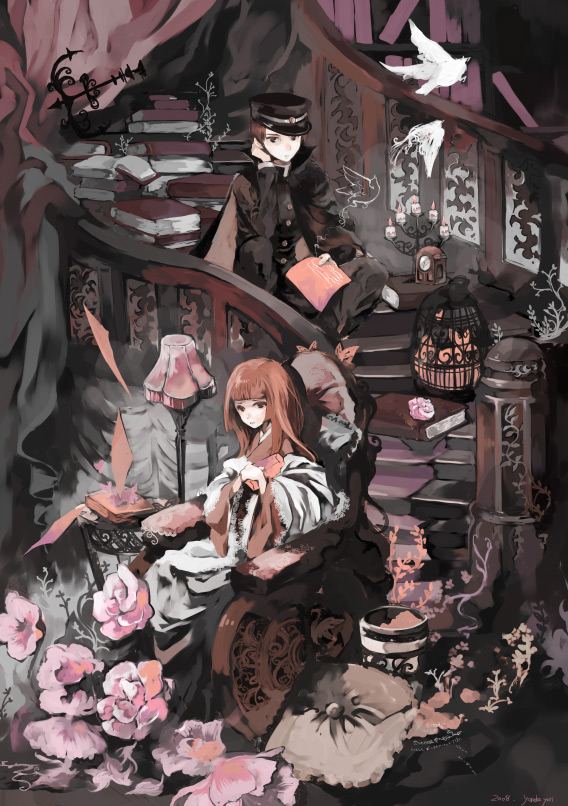 birdcage birds book cage candle flower hat indoors japanese_clothes lamp long_hair messy nature original pillow red_hair redhead shako_cap stairs uniform wheelchair yorimo