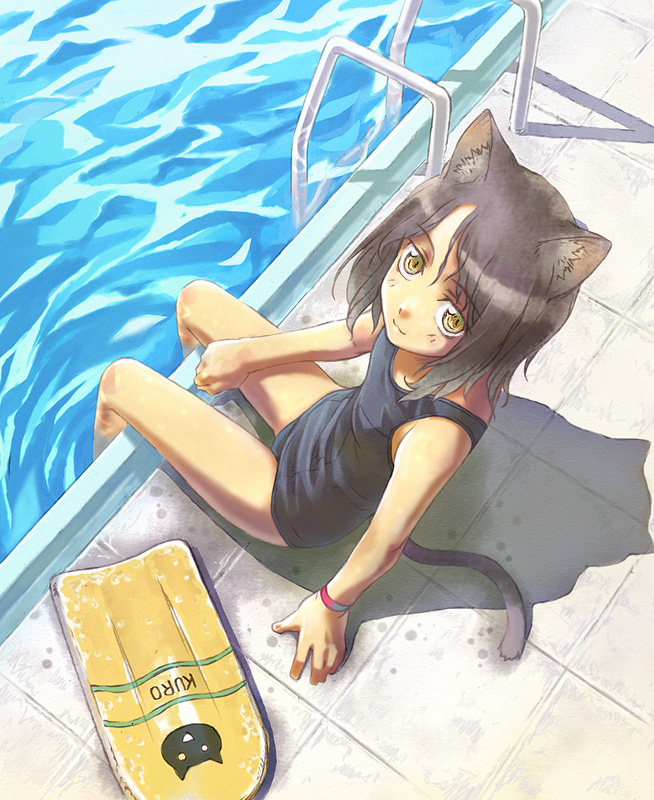 brown_hair cat_ears cat_eyes from_above kickboard looking_up nyaou one-piece_swimsuit pool school_swimsuit slit_pupils swimsuit tail yellow_eyes