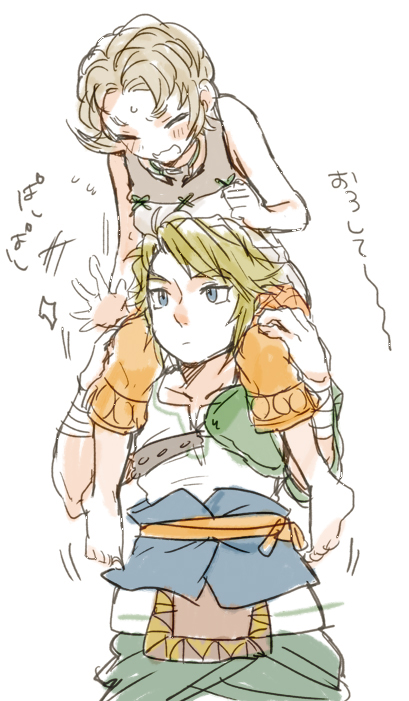 barefoot blonde_hair blue_eyes blush brown_hair carrying ilia link nintendo shoulder_carry sketch the_legend_of_zelda twilight_princess yo_mo