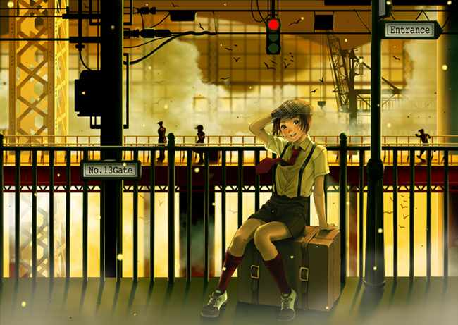 birds brown_hair hat necktie short_hair skirt smile trunk wind