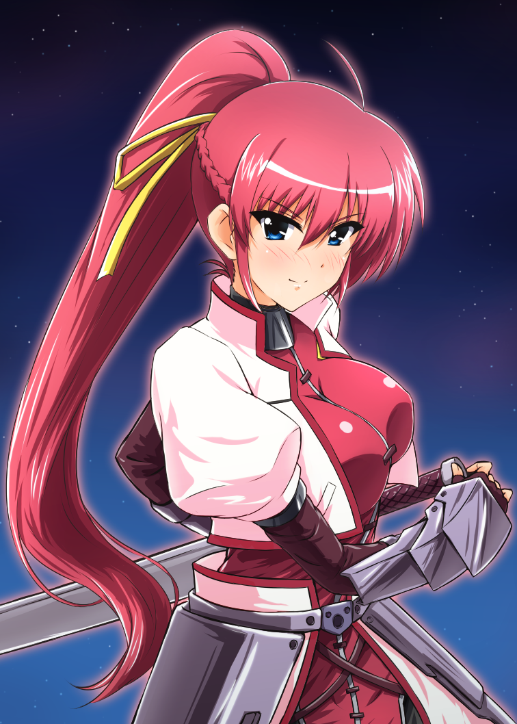 1girl ahoge bangs blue_eyes blush breasts cropped_jacket diesel-turbo eyebrows_visible_through_hair faulds fingerless_gloves gauntlets gloves hair_between_eyes hair_ribbon holding holding_sheath impossible_clothes jacket large_breasts levantine long_hair looking_at_viewer lyrical_nanoha mahou_shoujo_lyrical_nanoha mahou_shoujo_lyrical_nanoha_a's night pink_hair puffy_sleeves ribbon sheath sheathed shiny shiny_clothes shiny_hair signum smile star_(sky) sword very_long_hair weapon