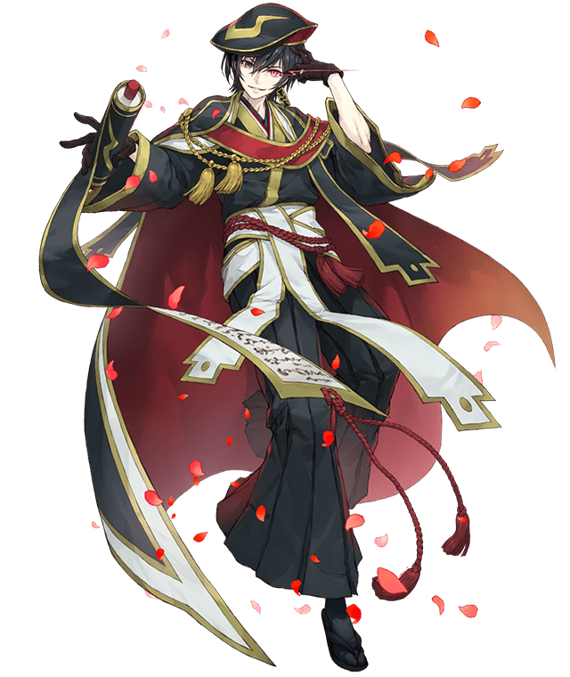 1boy alternate_costume black_gloves black_hair cape code_geass crossover geass gloves glowing glowing_eye grin hat japanese_clothes ji_no lelouch_lamperouge light_trail looking_at_viewer official_art petals sandals scroll sinoalice smile socks transparent_background violet_eyes wide_sleeves