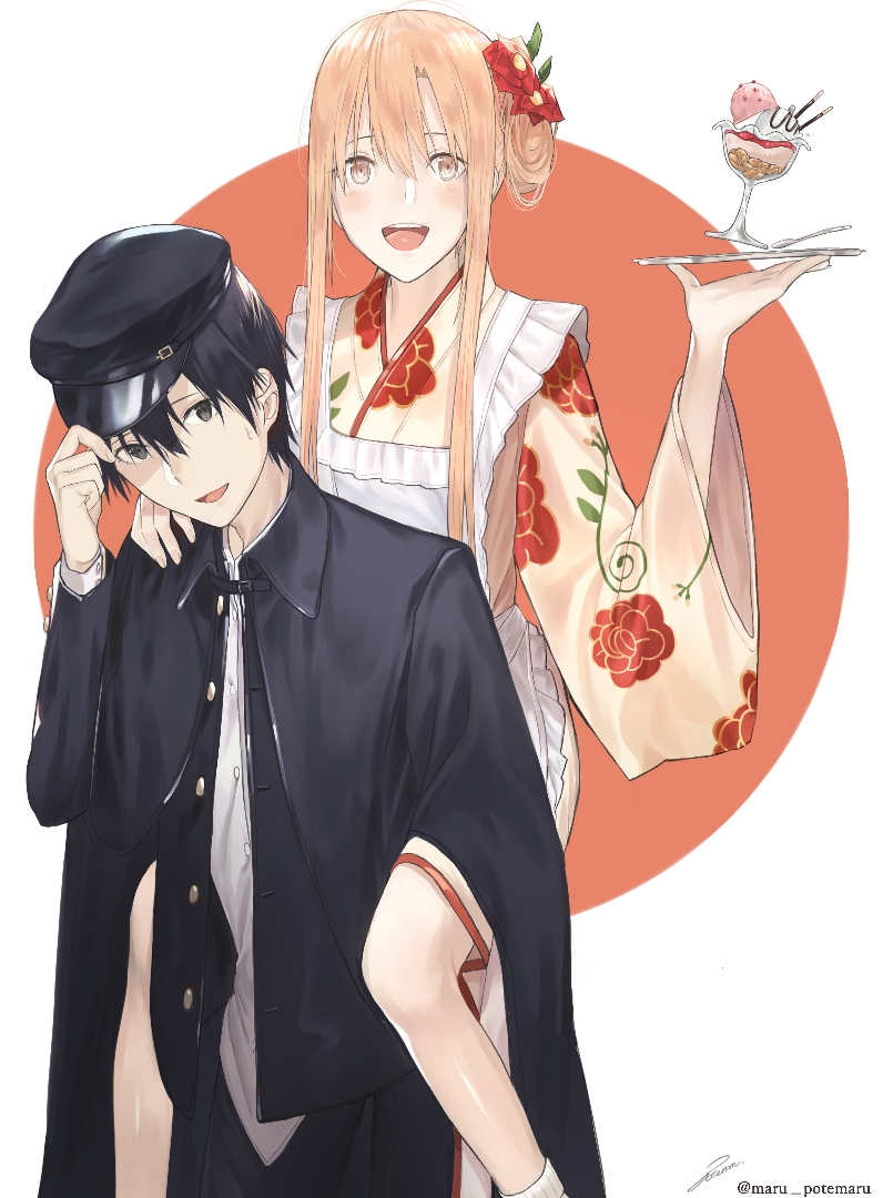 1boy 1girl :d apron asuna_(sao) black_coat black_eyes black_hair black_headwear blonde_hair blush carrying floral_print flower hair_flower hair_ornament hat holding holding_plate japanese_clothes kimono kirito long_sleeves looking_at_viewer open_mouth peaked_cap piggyback plate print_kimono red_flower riko201008 shiny shiny_skin short_hair_with_long_locks sidelocks smile sword_art_online tied_hair twitter_username white_apron white_background white_kimono wide_sleeves yellow_eyes yukata