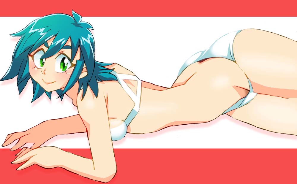 1girl allenby_beardsley blue_hair breasts closed_mouth commentary_request g_gundam graphite_(medium) green_eyes gundam looking_at_viewer millipen_(medium) onnaski short_hair smile solo swimsuit traditional_media