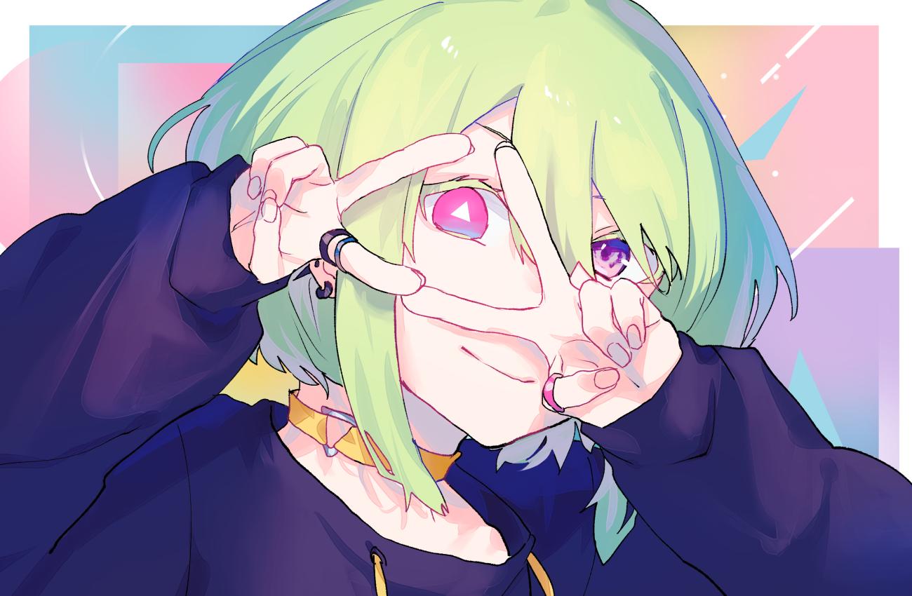 1boy blonde_hair blush gloves green_hair heterochromia jewelry lio_fotia looking_at_viewer male_focus moegi0926 promare ring short_hair simple_background smile solo sweater v violet_eyes