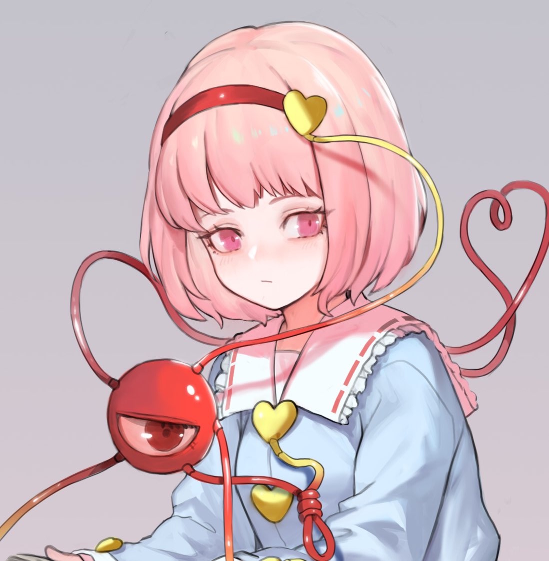 1girl bangs blue_shirt blush breasts commentary frilled_shirt_collar frills grey_background hair_ornament hairband heart heart_hair_ornament heart_of_string heoningu komeiji_satori long_sleeves looking_at_viewer pink_eyes pink_hair red_hairband ribbon-trimmed_collar ribbon_trim shirt short_hair simple_background small_breasts solo symbol_commentary third_eye touhou upper_body